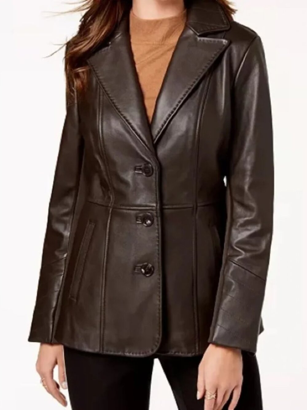 Jones New York Genuine Leather Jacket Coat Notch Collared Vintage Brown Medium